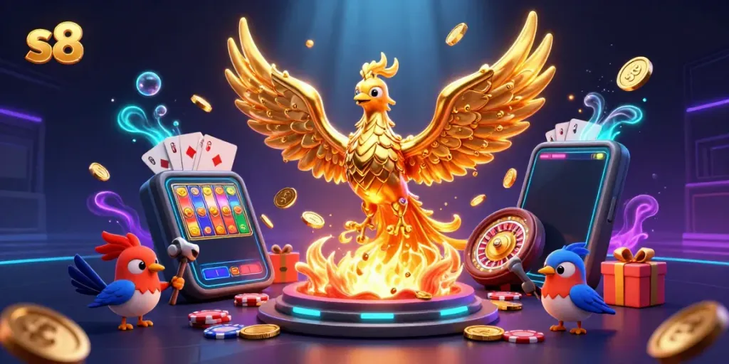Experience thrilling wins with the s8 platform featuring a golden phoenix and vibrant casino elements.