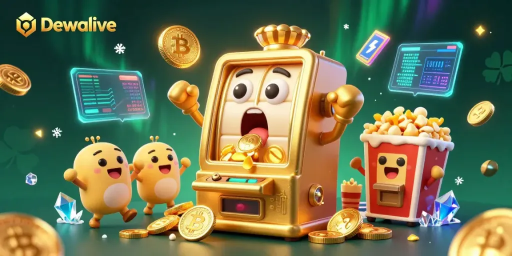 Dewalive's golden slot machine bursts with coins, creating excitement among baby slots, in a dynamic casino scene.