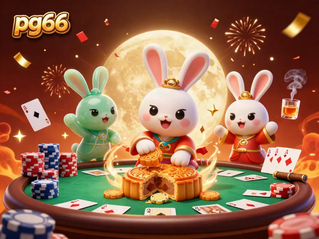 Engage with pg66 in an enchanting 3D illustration of a moon rabbit and golden palace amidst poker chips.