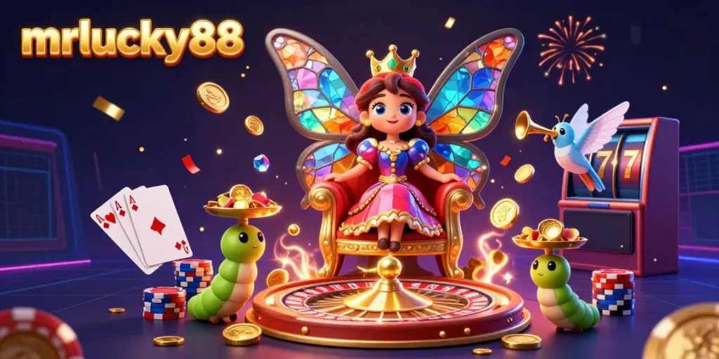 Spin to win on mrlucky88 with a vibrant 3D casino scene showcasing a butterfly queen and cascading golden coins.