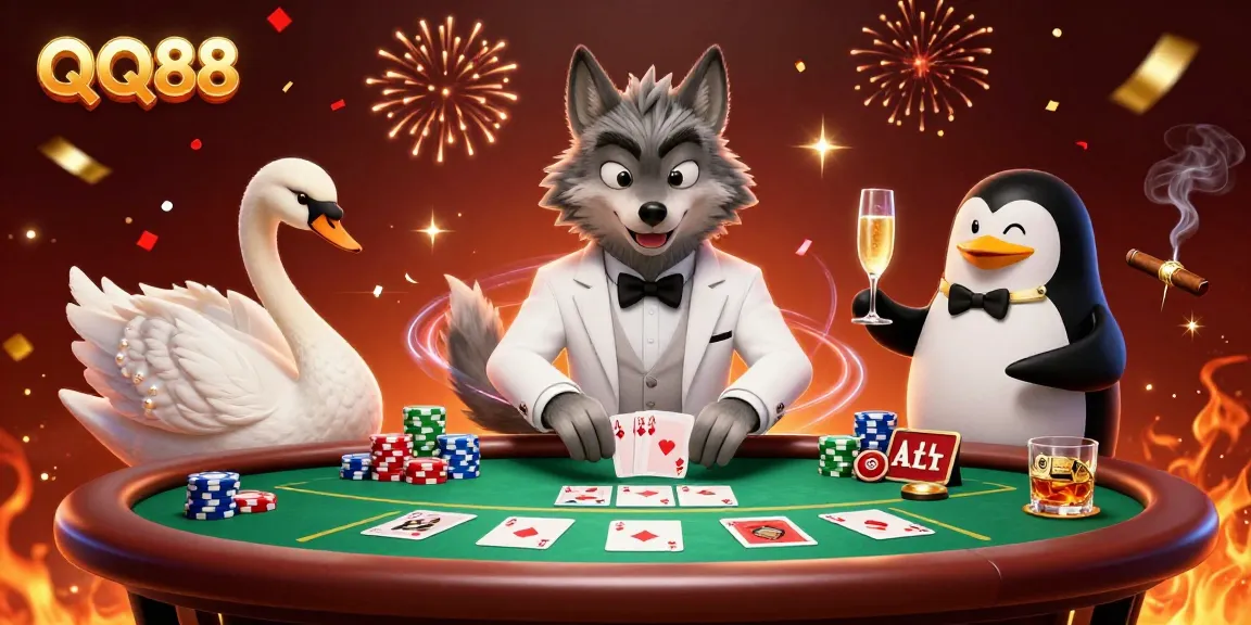 Experience thrilling baccarat action with QQ88's debonair characters at a lively casino scene.