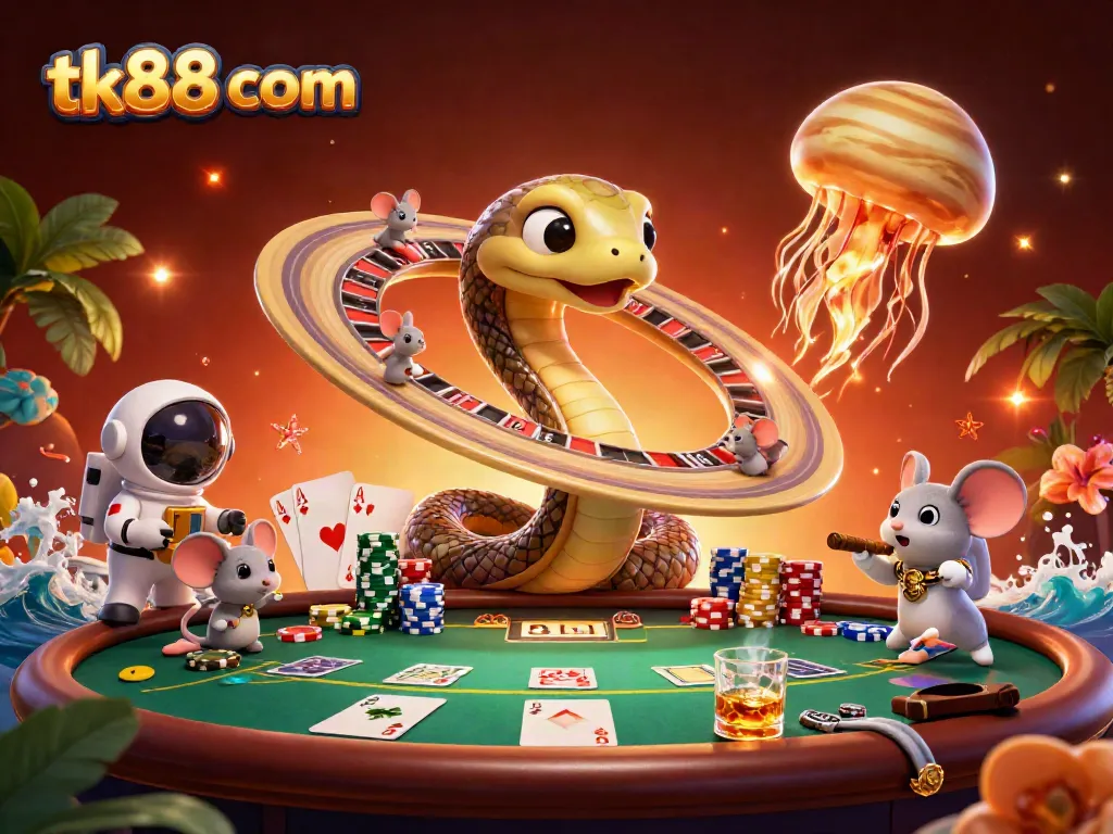 Experience the thrill of gaming with tk88 com in a vibrant, colorful 3D illustration full of excitement and action.