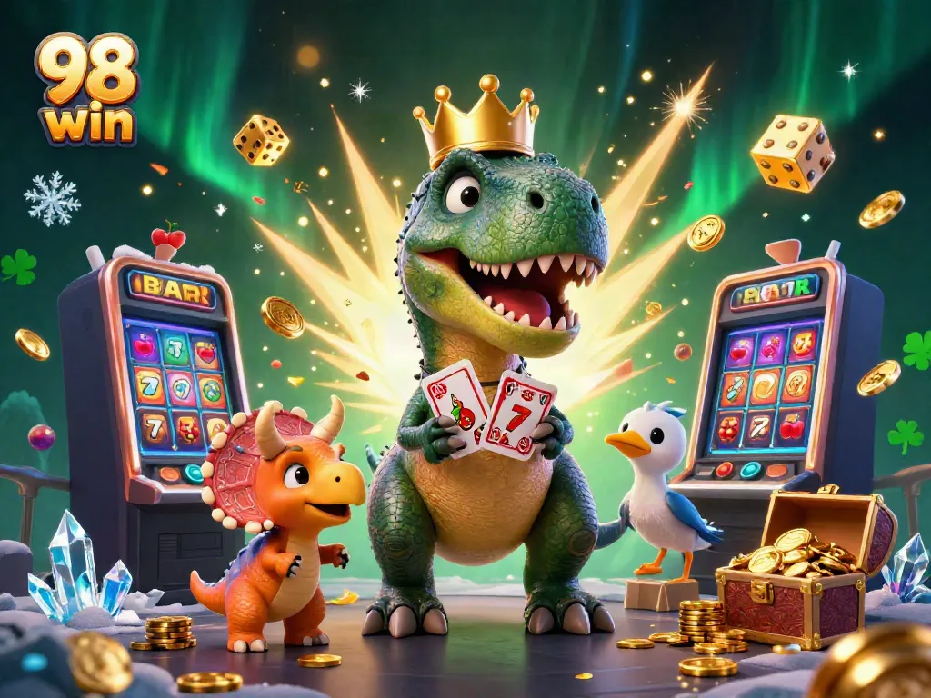 Watch the colorful 98 win scene with T-Rex shuffling cards and a jackpot explosion surrounding him.