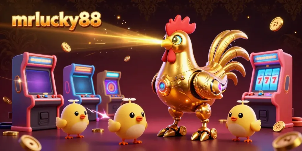 Play with mrlucky88 in a vibrant gaming world with a golden rooster robot and chick drones.