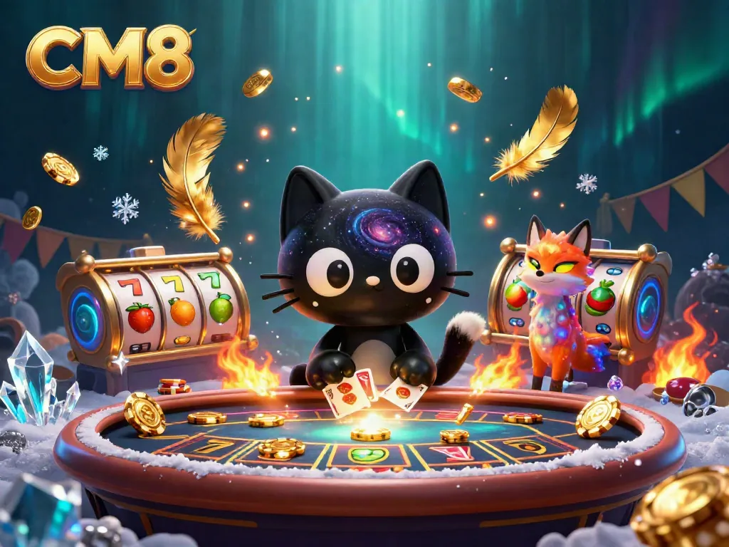 CM8 cosmic casino illustration featuring dynamic characters and casino elements in a rich, vibrant scene