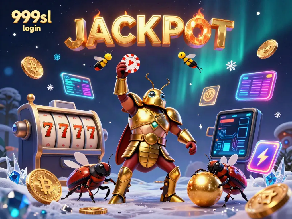Experience the excitement of winning with 999sl login as you watch a beetle hero lift a poker chip amidst vibrant casino elements.