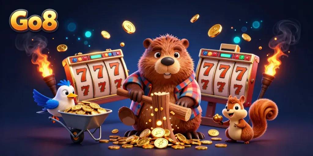 Go8 showcases a vibrant casino scene with golden coins raining down and dynamic slot game elements.