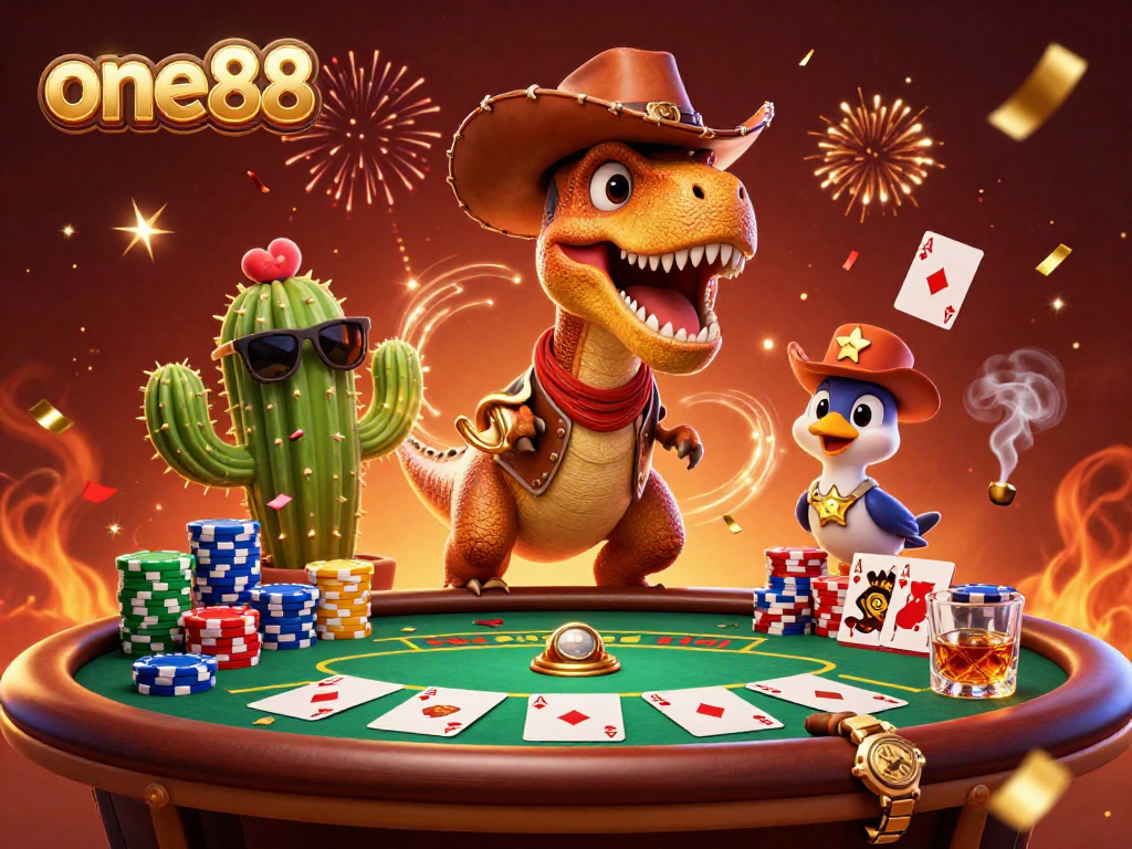 Win big with one88 in this vibrant poker-themed digital illustration filled with gaming excitement.