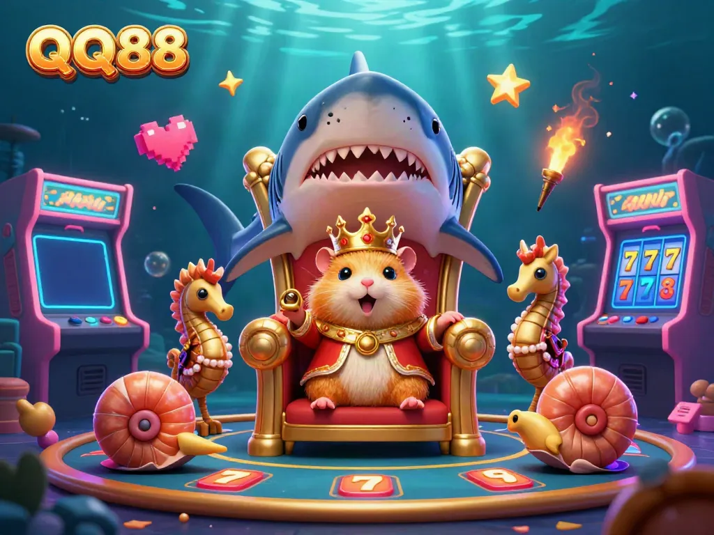 Experience the exciting world of QQ88 with a playful hamster king and vibrant casino elements in this 3D rendering.