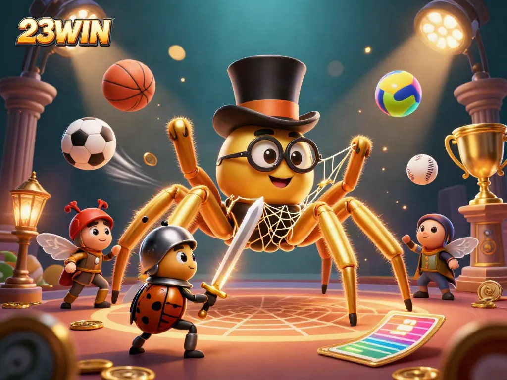 Immerse in the vibrant world of 23WIN, where a brave beetle knight encounters a giant golden tarantula in a magical casino.