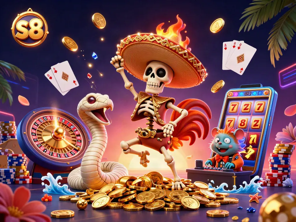 S8 presents exciting casino games with dynamic characters in a vibrant 3D scene.