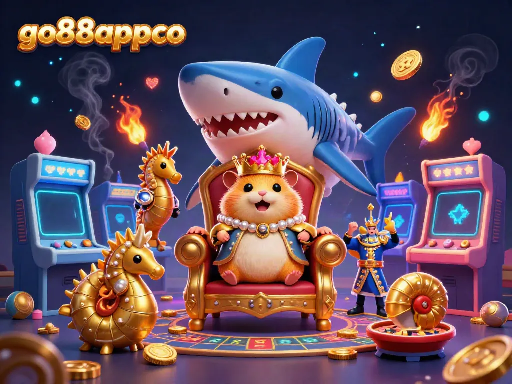Experience thrilling casino fun with go88appco featuring a golden hamster king and colorful gaming machines.