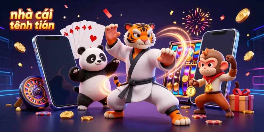 Experience the dynamic gaming scene featuring nhà cái tặng tiền with a kung fu tiger and playful panda amidst casino elements.