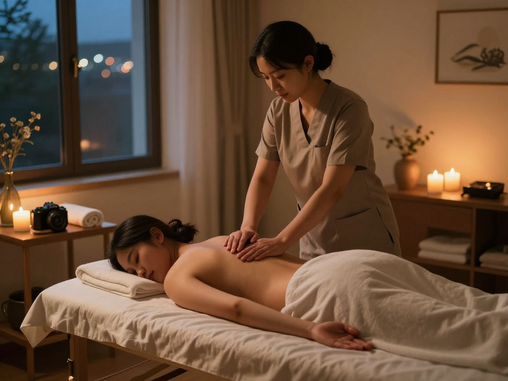 Expert 출장마사지 therapy in a calming home environment with ambient lighting.