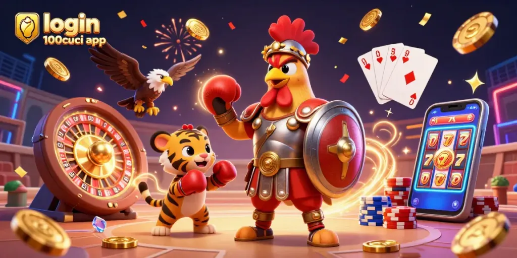 Experience login 100cuci app with colorful casino elements and a playful gladiator scene.