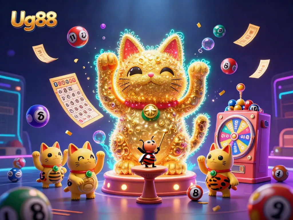 Engage in exciting gaming with Ug88 as vibrant lottery balls bounce around a lucky cat and glowing casino symbols.