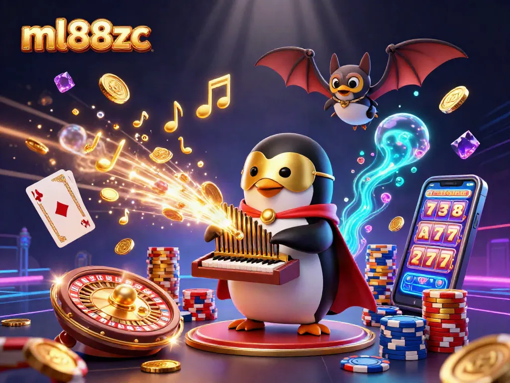 Play thrilling casino games with the ml88zc penguin and bat characters in this vibrant scene.