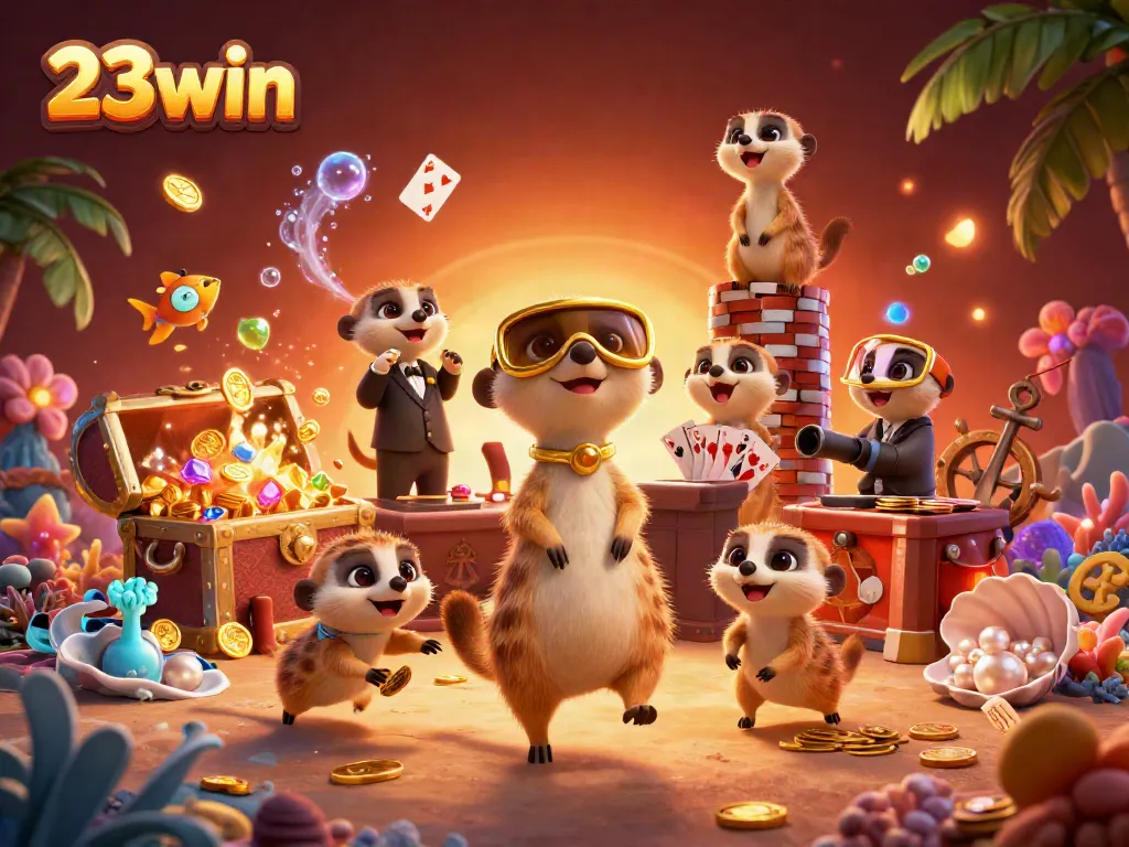 Experience the vibrant world of 23win with playful meerkats managing a lively casino scene.