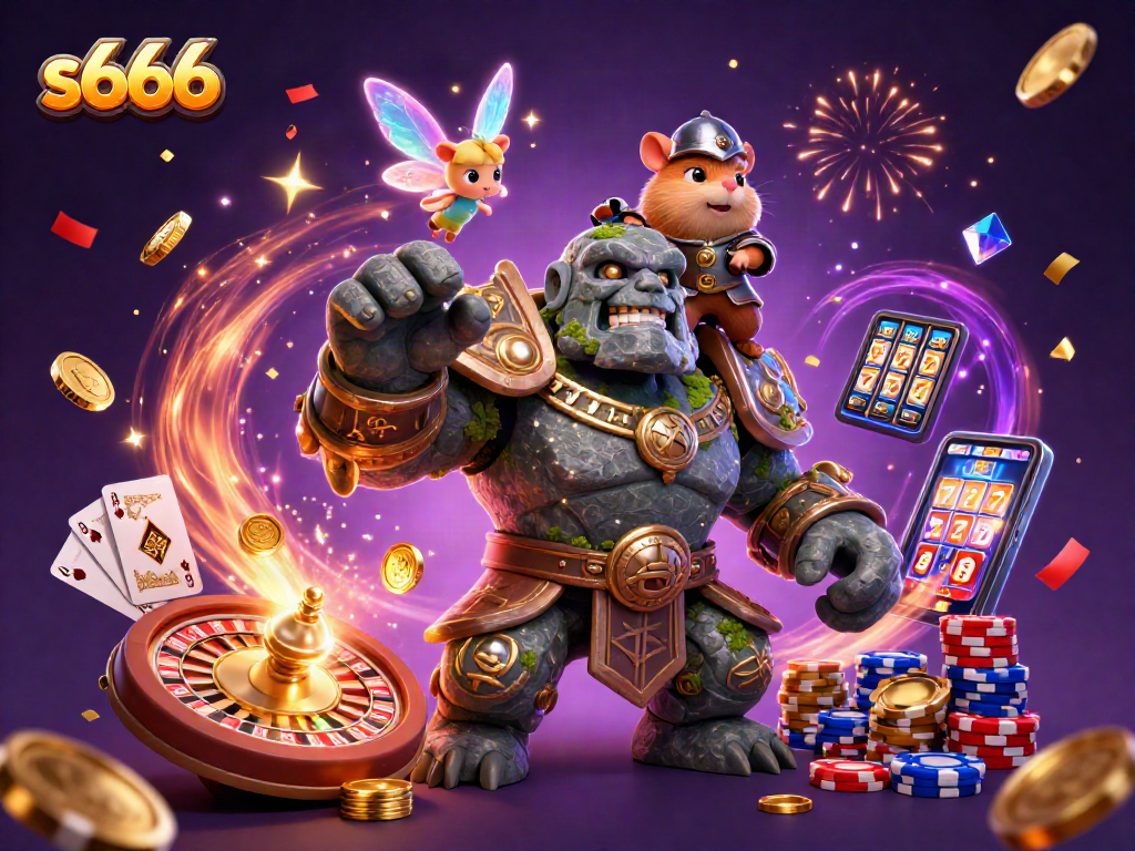 s666 engages players with thrilling casino action featuring a mystical golem and a fairy in a vibrant environment.