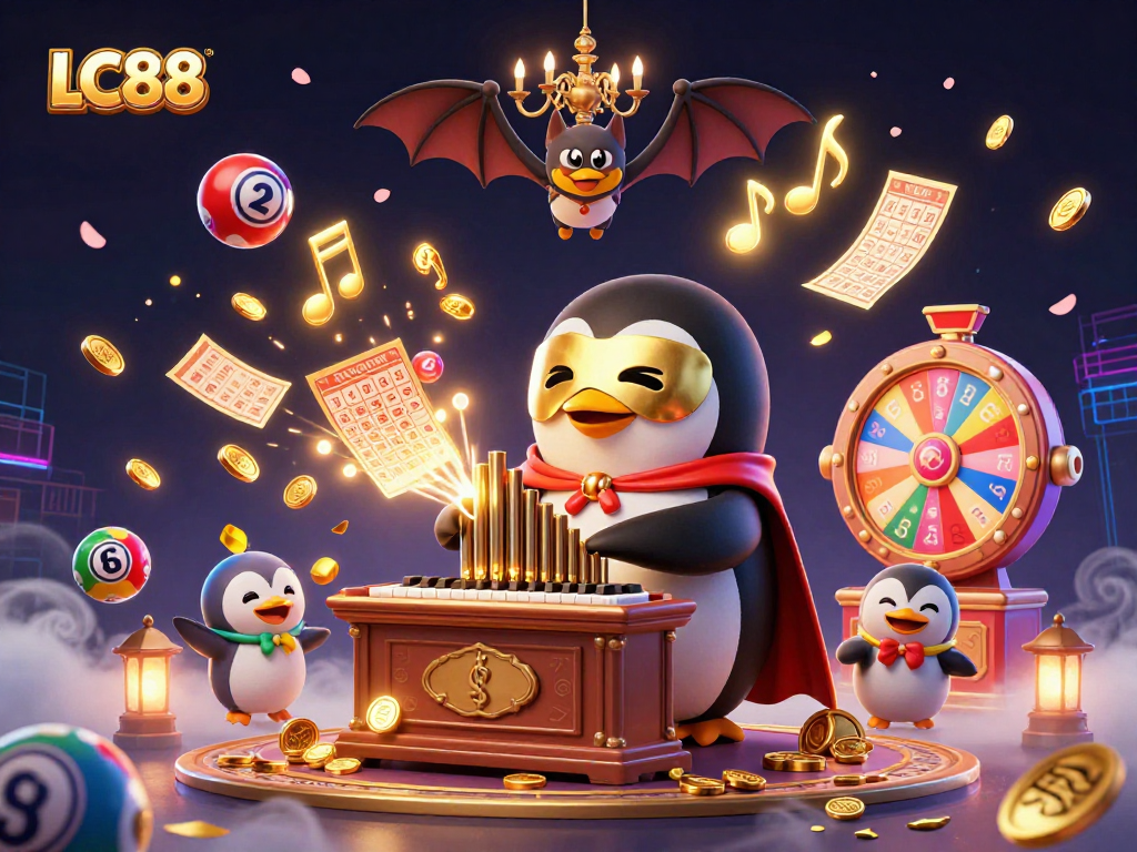 Experience exciting wins at LC88 with golden coins raining down from a whimsical 3D scene.