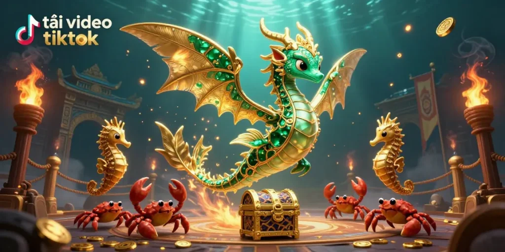 Tải video tiktok with a majestic sea dragon and treasure in an underwater casino scene.