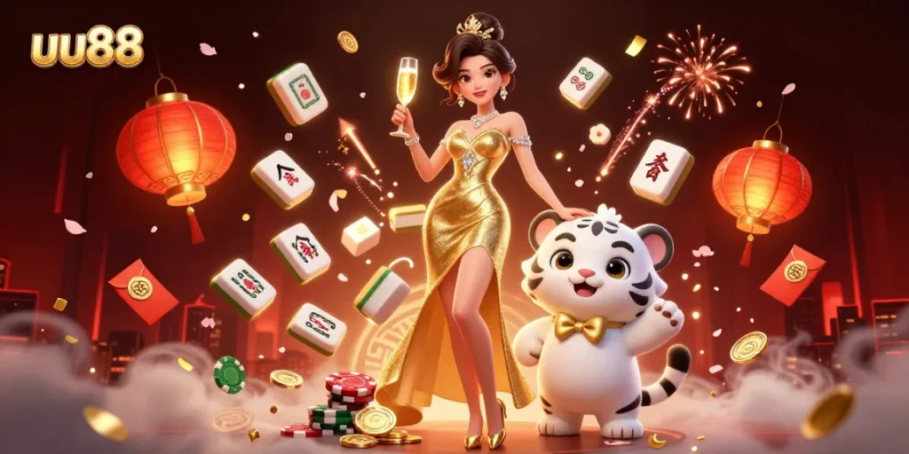 Engage in exciting gameplay at uu88, where a glamorous figure and a lucky tiger celebrate amidst vibrant casino elements.