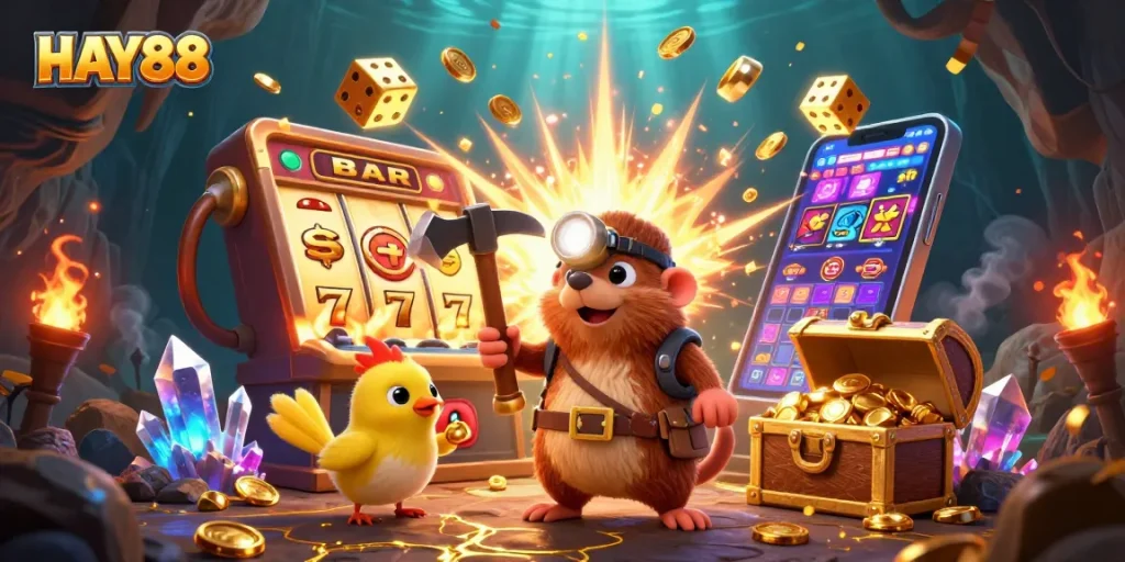 Engage in exciting casino adventures with HAY88 in a vibrant jackpot scene featuring treasure hunters and slot machines.