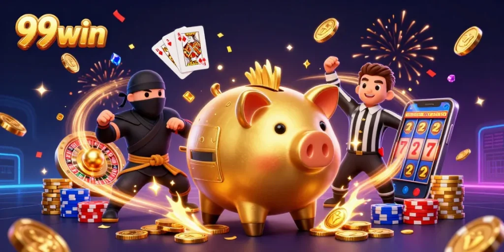 Engage with the dynamic scene of 99win featuring a golden piggy bank and exciting casino elements.