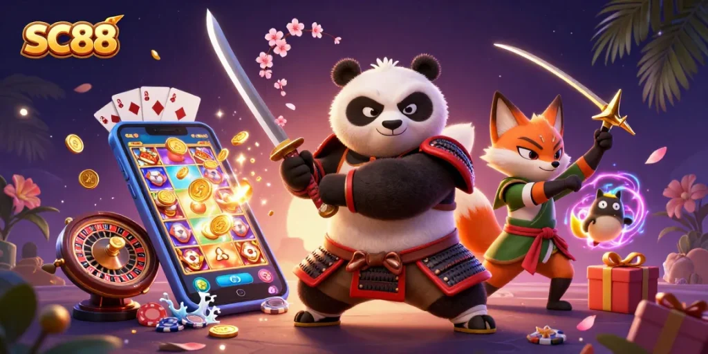 Experience the thrill of SC88 with a dynamic 3D scene showcasing engaging gambling elements and vibrant characters.