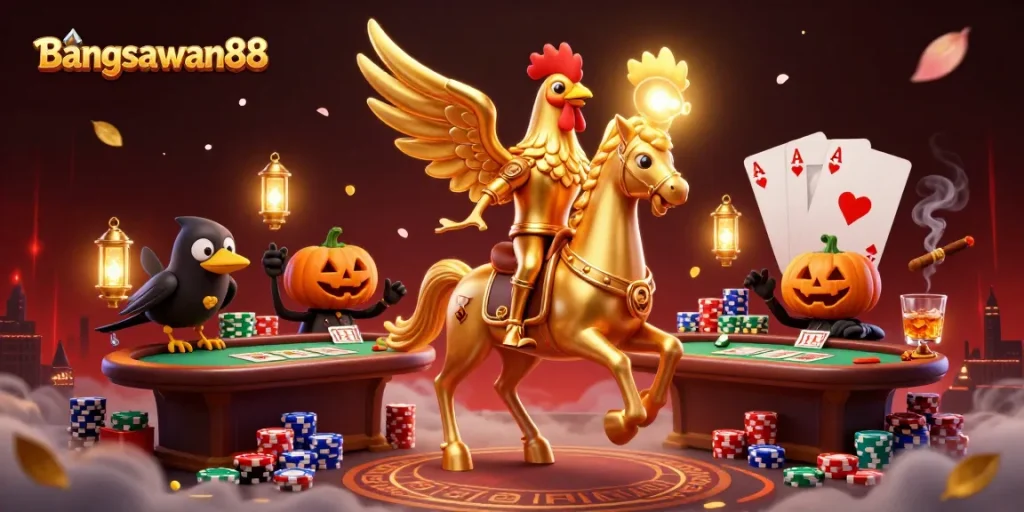 Bangsawan88 offers thrilling casino gaming with a golden rooster and dynamic poker elements.
