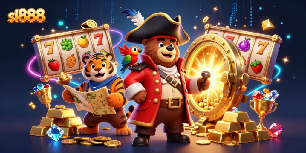Experience the thrill of sl888 as vibrant slot symbols and treasures burst from a pirate-themed scene.