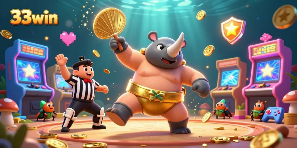 Experience the thrill of 33win with a vibrant 3D scene featuring a beetle sumo champion amidst golden coins and colorful games.