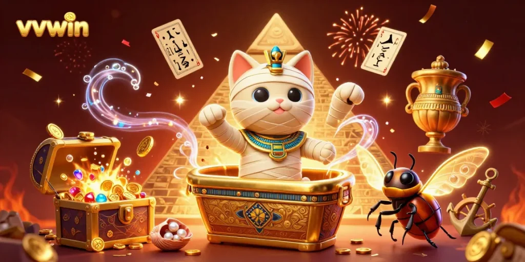 Join the excitement at vvvwin as the Egyptian mummy cat celebrates in a vibrant casino environment.