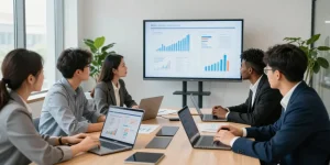 Équipe de professionnels CIBC business discutant des stratégies financières dans un bureau moderne.